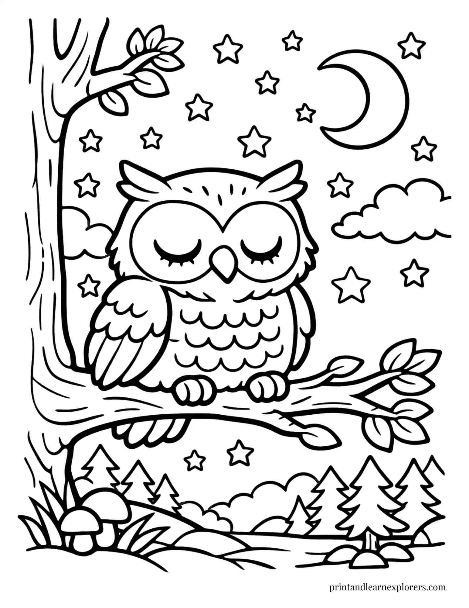 sleeping owl in tree night time coloring page